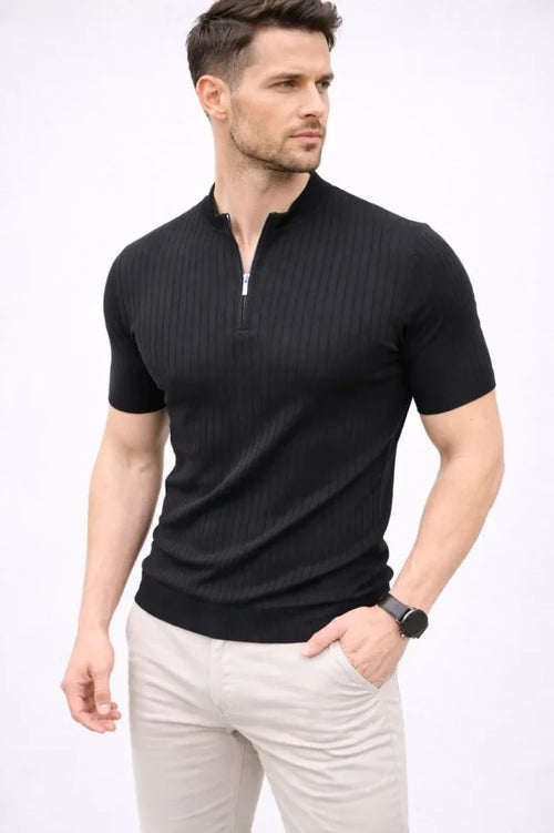 Erkek Kısa Kol Fitilli Triko T-Shirt Yazlık Hakim Yaka Tişört - Siyah (188280)
