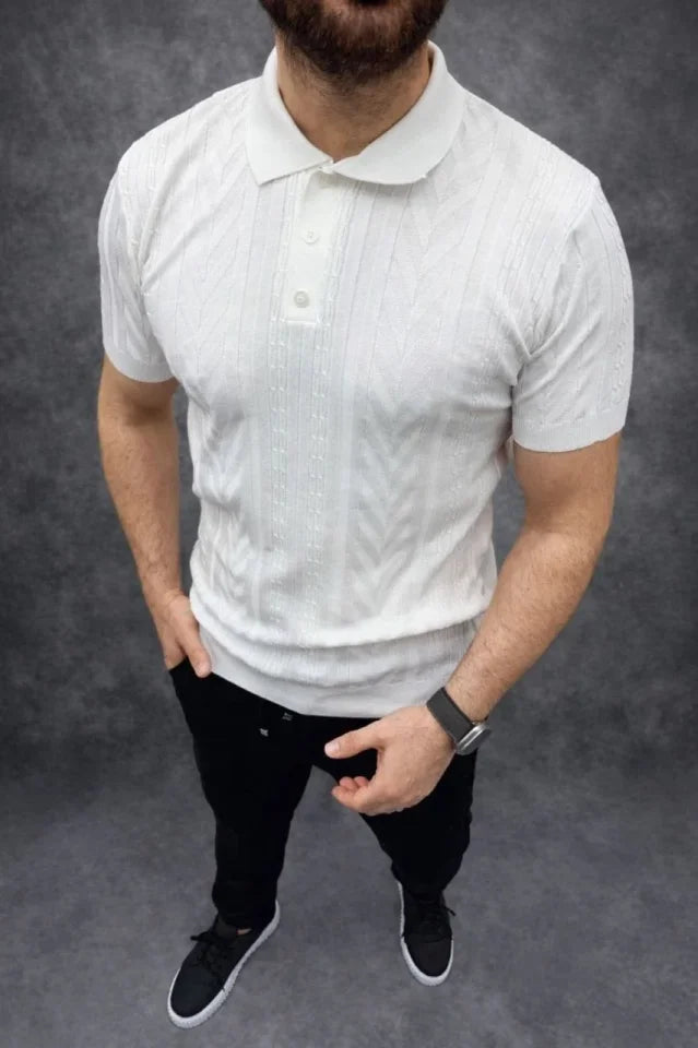 Erkek Yazlık Triko Tişört Kısa Kol Polo Yaka Düğmeli T-Shirt - Beyaz (188282)