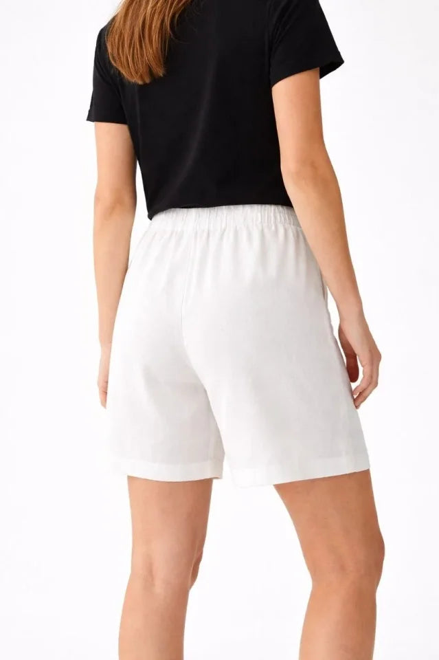 Keten Kumaş Cepli Rahat Kesim Bel Lastikli Şort - Beyaz (188291)