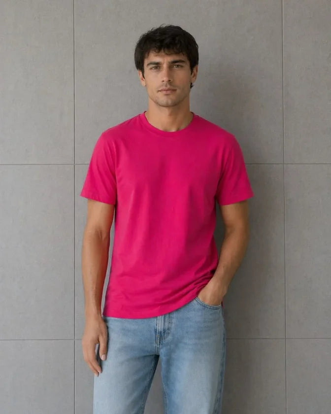 Erkek Basic Pamuklu Tişört Bisiklet Yaka Düz Renk Regular Fit T-Shirt - Fuşya (188398)
