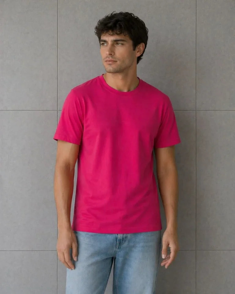 Erkek Basic Pamuklu Tişört Bisiklet Yaka Düz Renk Regular Fit T-Shirt - Fuşya (188398)
