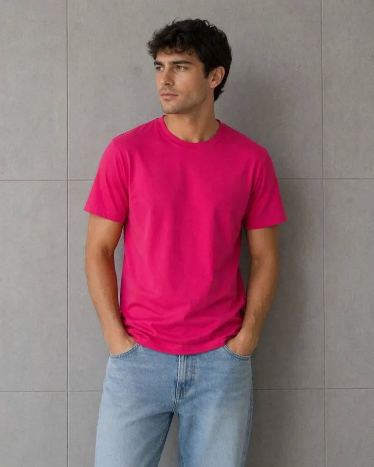 Erkek Basic Pamuklu Tişört Bisiklet Yaka Düz Renk Regular Fit T-Shirt - Fuşya (188398)