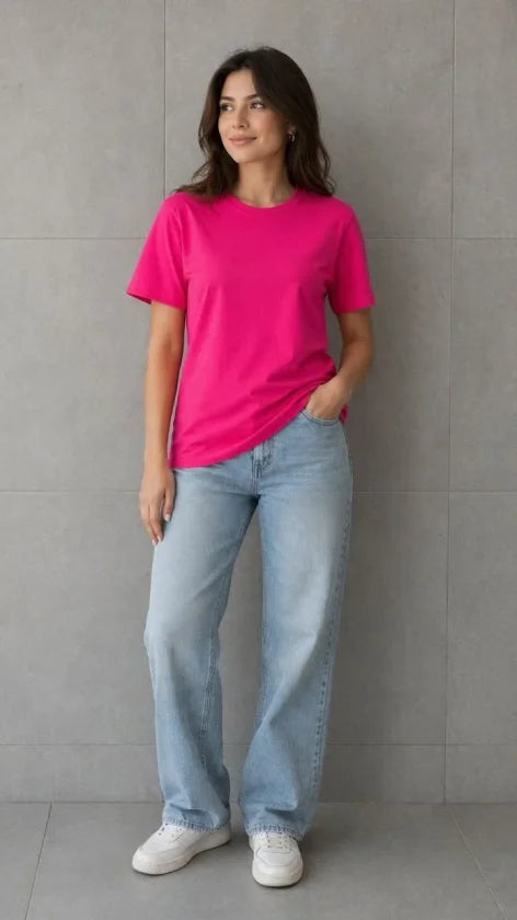 Basic Pamuklu Tişört Bisiklet Yaka Düz Renk Relaxed Fit T-Shirt - Fuşya (188480)
