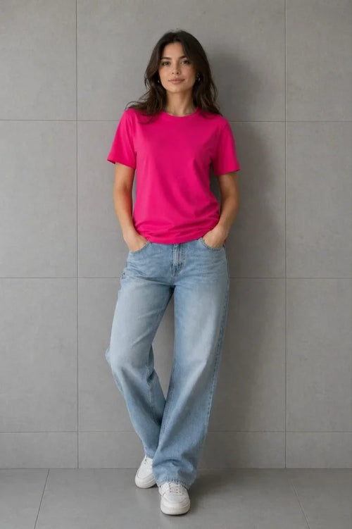Basic Pamuklu Tişört Bisiklet Yaka Düz Renk Relaxed Fit T-Shirt - Fuşya (188480)