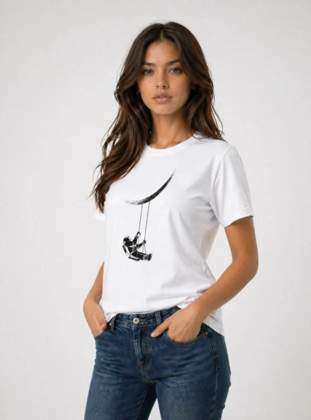 Astronot Ay Temalı Tişört Kısa Kol Yazlık Bisiklet Yaka T-Shirt - Beyaz (188619)