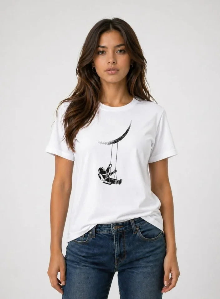Astronot Ay Temalı Tişört Kısa Kol Yazlık Bisiklet Yaka T-Shirt - Beyaz (188619)