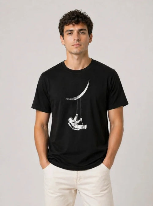 Erkek Astronot Ay Temalı Tişört Kısa Kol Yazlık Bisiklet Yaka T-Shirt - Siyah (188622)