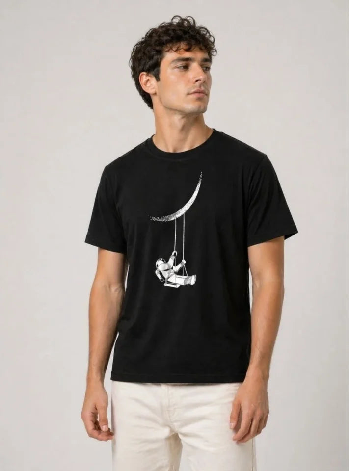 Erkek Astronot Ay Temalı Tişört Kısa Kol Yazlık Bisiklet Yaka T-Shirt - Siyah (188622)