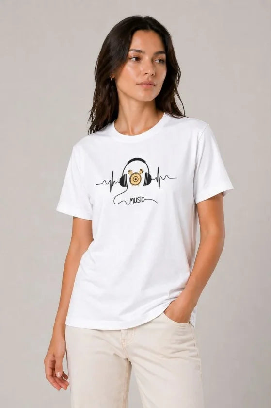 Müzik Temalı Baskılı Tişört Bisiklet Yaka Kısa Kol T-Shirt - Beyaz (188676)