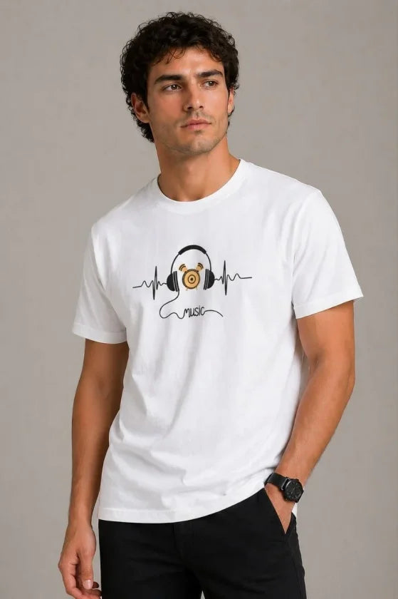 Erkek Müzik Temalı Baskılı Tişört Bisiklet Yaka Kısa Kol T-Shirt - Beyaz (188681)