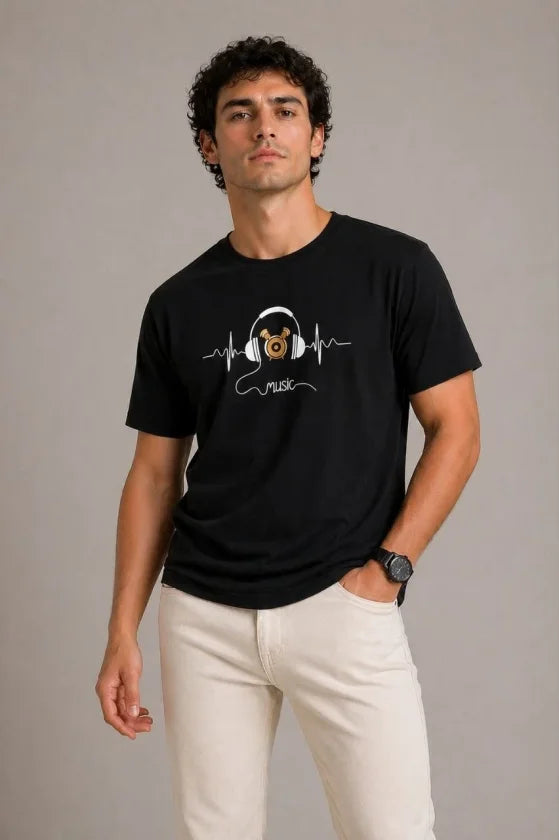 Erkek Müzik Temalı Baskılı Tişört Bisiklet Yaka Kısa Kol T-Shirt - Siyah (188682)