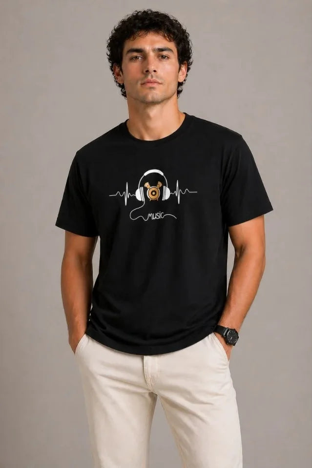 Erkek Müzik Temalı Baskılı Tişört Bisiklet Yaka Kısa Kol T-Shirt - Siyah (188682)