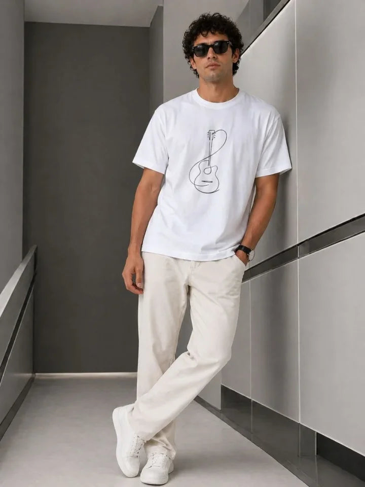 Erkek Minimal Gitar Baskılı Tişört T-Shirt Yazlık Kısa Kol Bisiklet Yaka T-Shirt - Beyaz (188683)