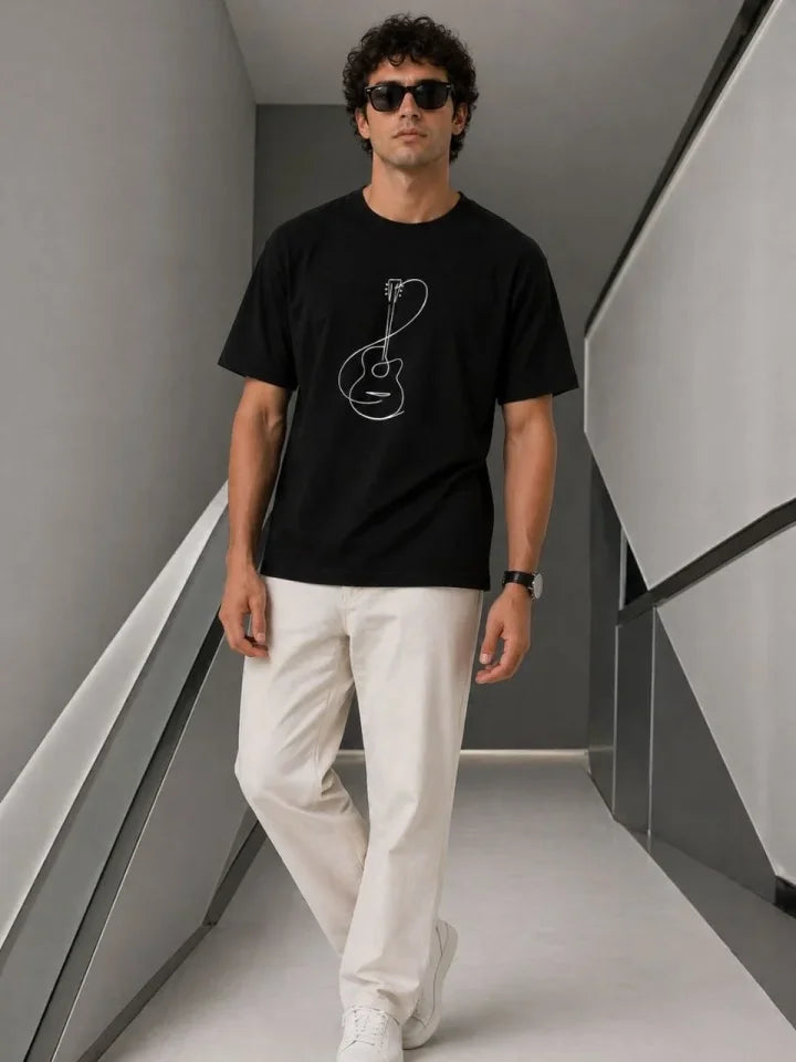 Erkek Minimal Gitar Baskılı Tişört T-Shirt Yazlık Kısa Kol Bisiklet Yaka T-Shirt - Siyah (188684)