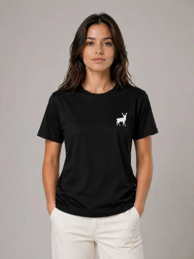 Minimal Geyik Logolu Tişört Bisiklet Yaka Kısa Kol Yazlık T-Shirt - Siyah (188741)