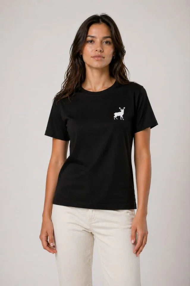 Minimal Geyik Logolu Tişört Bisiklet Yaka Kısa Kol Yazlık T-Shirt - Siyah (188741)