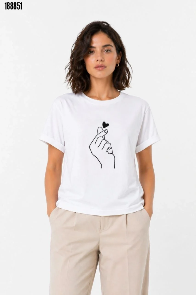 Kore Parmak Kalp Aşk Temalı Minimal Baskılı Tişört Yazlık Kısa Kol TShirt Beyaz