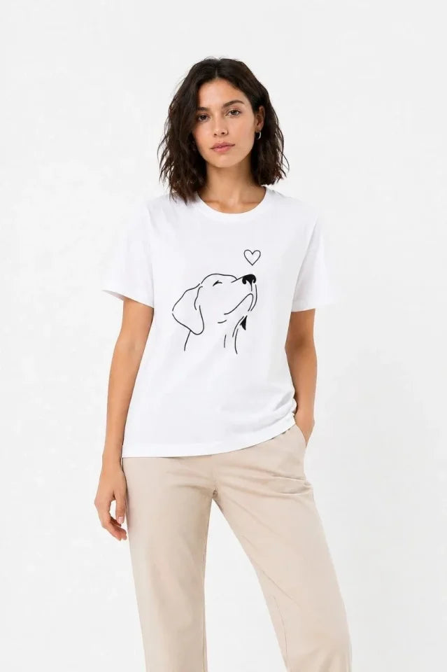 Köpek Figürlü Minimal Baskılı Tişört Kısa Kol Yazlık T-Shirt - Beyaz (188853)