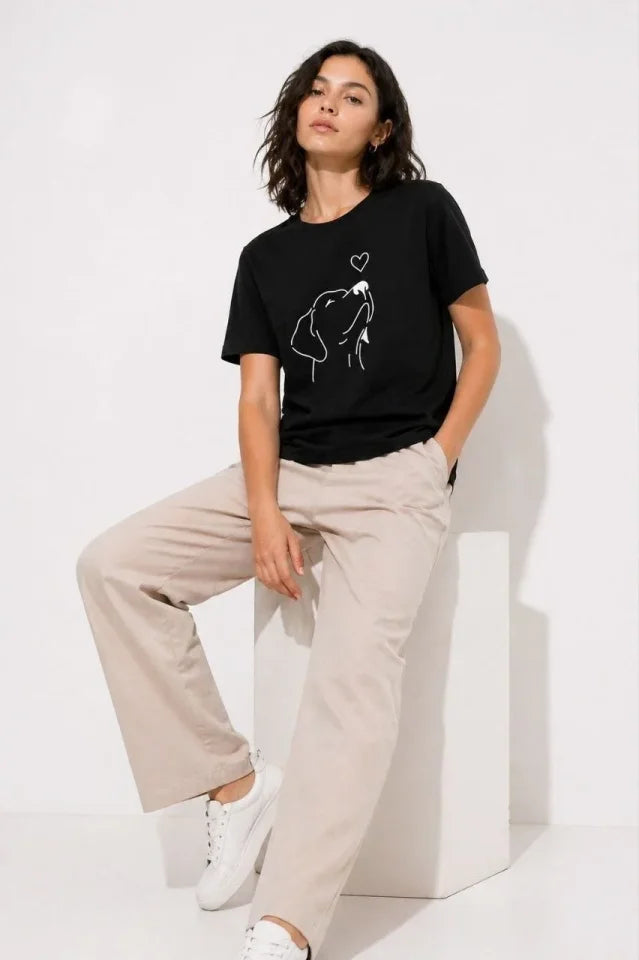 Köpek Figürlü Minimal Baskılı Tişört Kısa Kol Yazlık T-Shirt - Siyah (188854)