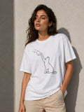 Minimal Kedi Çizim Baskılı Tişört Kısa Kol Yazlık T-Shirt - Beyaz (188857)