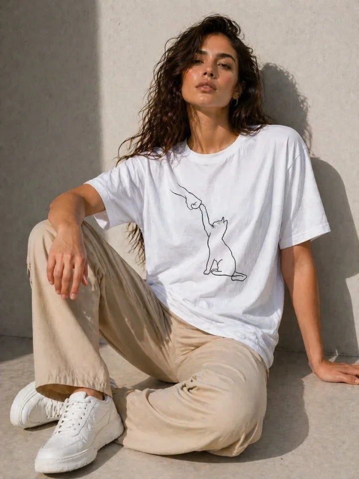Minimal Kedi Çizim Baskılı Tişört Kısa Kol Yazlık T-Shirt - Beyaz (188857)