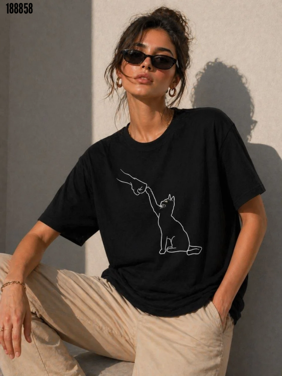 Minimal Kedi Çizim Baskılı Tişört Kısa Kol Yazlık TShirt Siyah