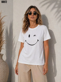 Minimal Gülümseyen Yüz Baskılı Tişört Kısa Kol Yazlık TShirt Beyaz