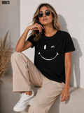 Minimal Gülümseyen Yüz Baskılı Tişört Kısa Kol Yazlık TShirt Siyah