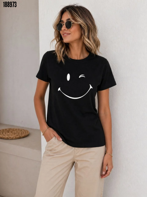Minimal Gülümseyen Yüz Baskılı Tişört Kısa Kol Yazlık TShirt Siyah
