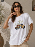 Motosiklet Baskılı Tişört Bisiklet Yaka Kısa Kol Yazlık TShirt Beyaz