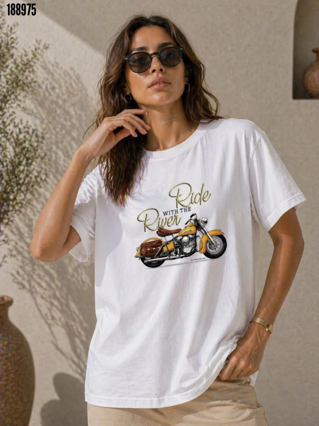 Motosiklet Baskılı Tişört Bisiklet Yaka Kısa Kol Yazlık TShirt Beyaz