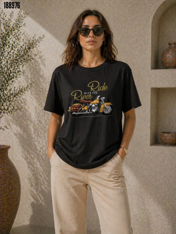 Motosiklet Baskılı Tişört Bisiklet Yaka Kısa Kol Yazlık TShirt Siyah
