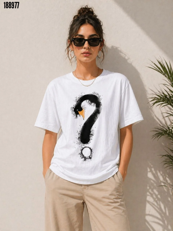 Kuğu Figürlü Soru İşareti Baskılı Tişört Kısa Kol TShirt Beyaz