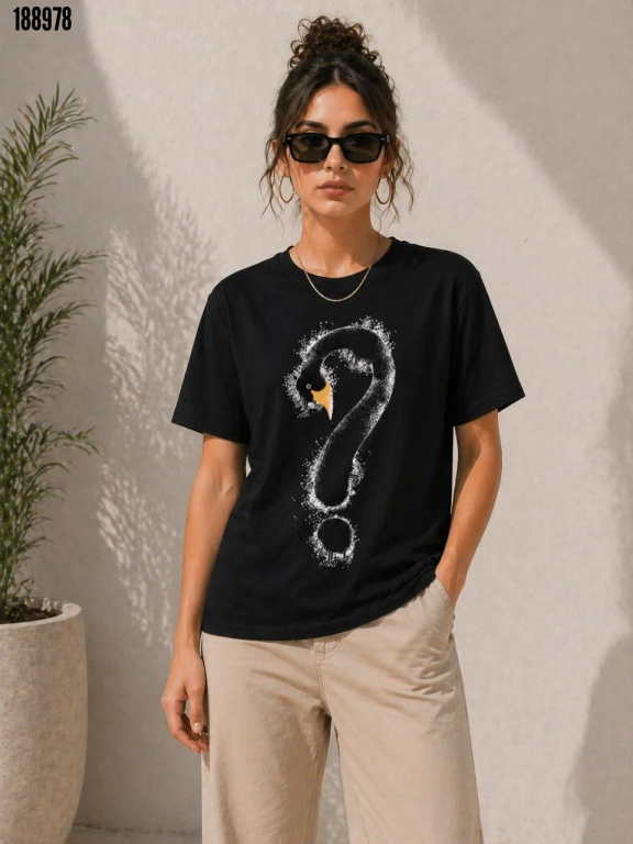 Kuğu Figürlü Soru İşareti Baskılı Tişört Kısa Kol TShirt Siyah