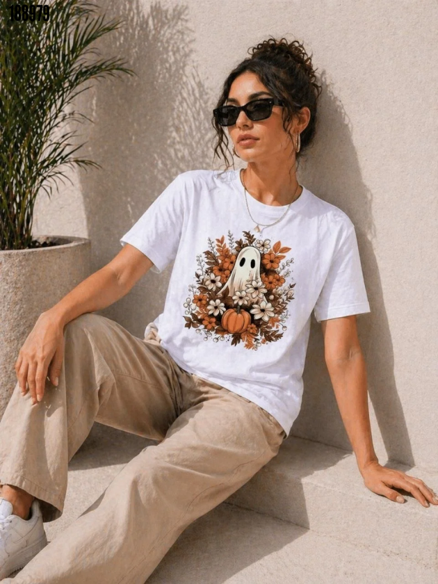 Balkabağı Hayalet Baskılı Tişört Kısa Kol Yazlık TShirt Beyaz
