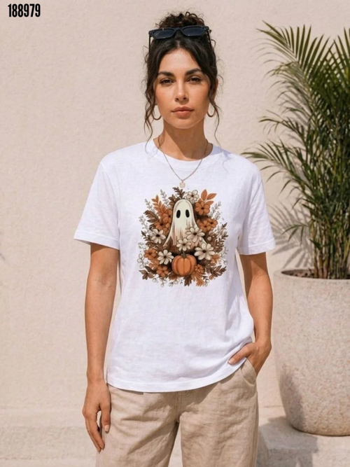 Balkabağı Hayalet Baskılı Tişört Kısa Kol Yazlık TShirt Beyaz