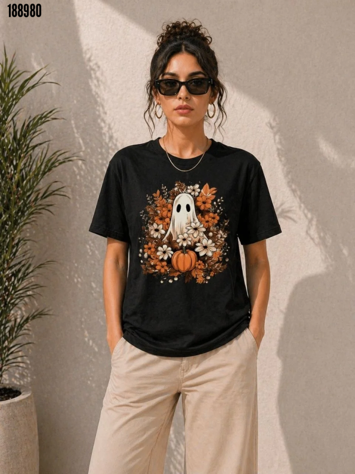 Balkabağı Hayalet Baskılı Tişört Kısa Kol Yazlık TShirt Siyah