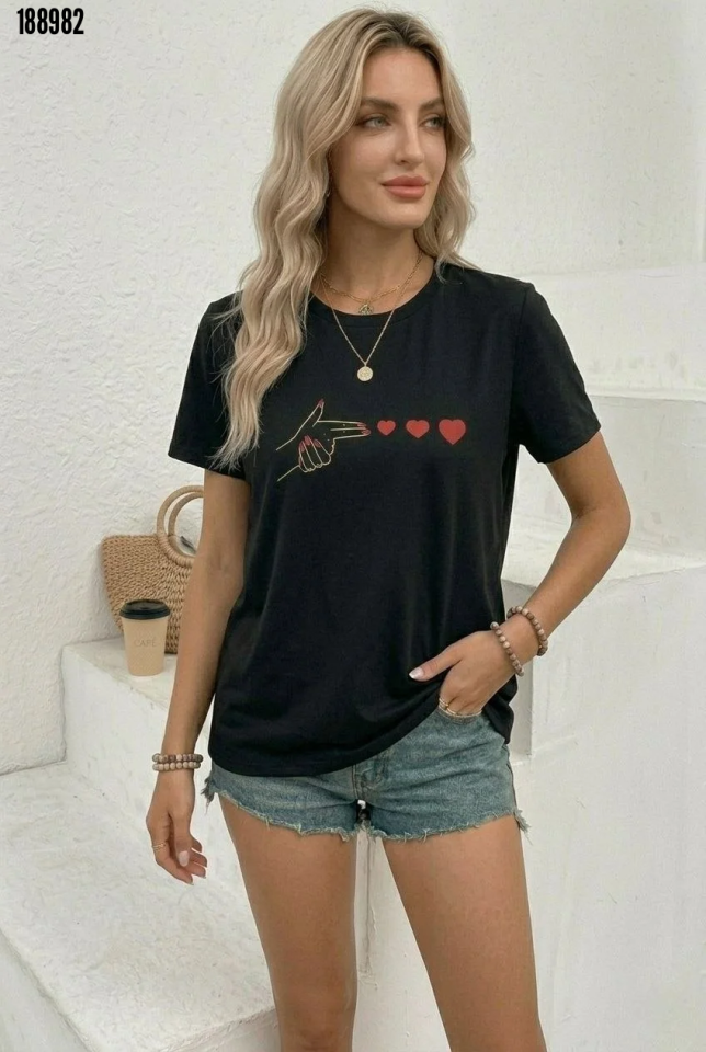 Minimal Kalp İşaret Baskılı Tişört Kısa Kol Yazlık TShirt Siyah