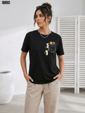 Sevimli Kedi Cep Baskılı Tişört Kısa Kol Yazlık TShirt Siyah