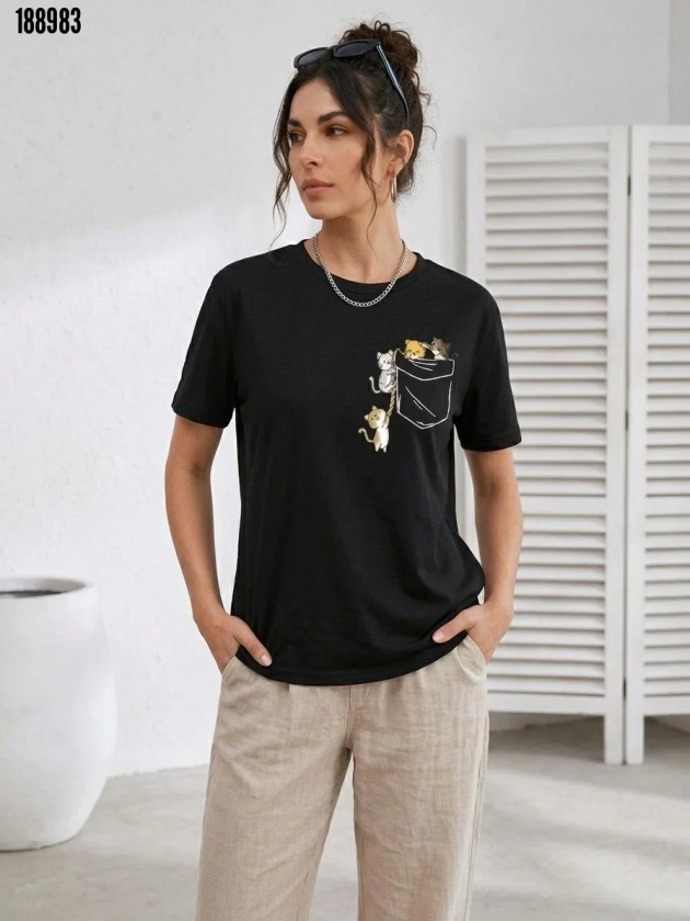 Sevimli Kedi Cep Baskılı Tişört Kısa Kol Yazlık TShirt Siyah