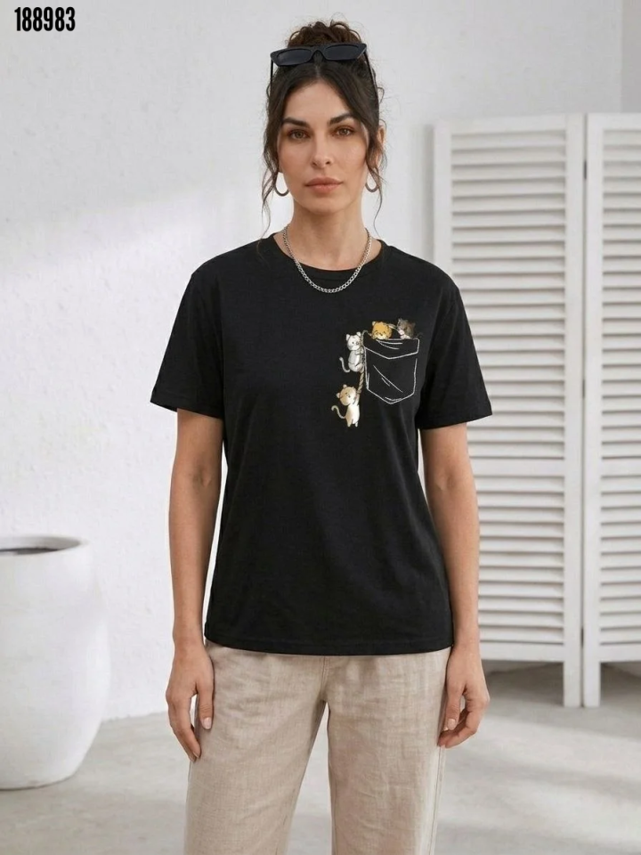 Sevimli Kedi Cep Baskılı Tişört Kısa Kol Yazlık TShirt Siyah