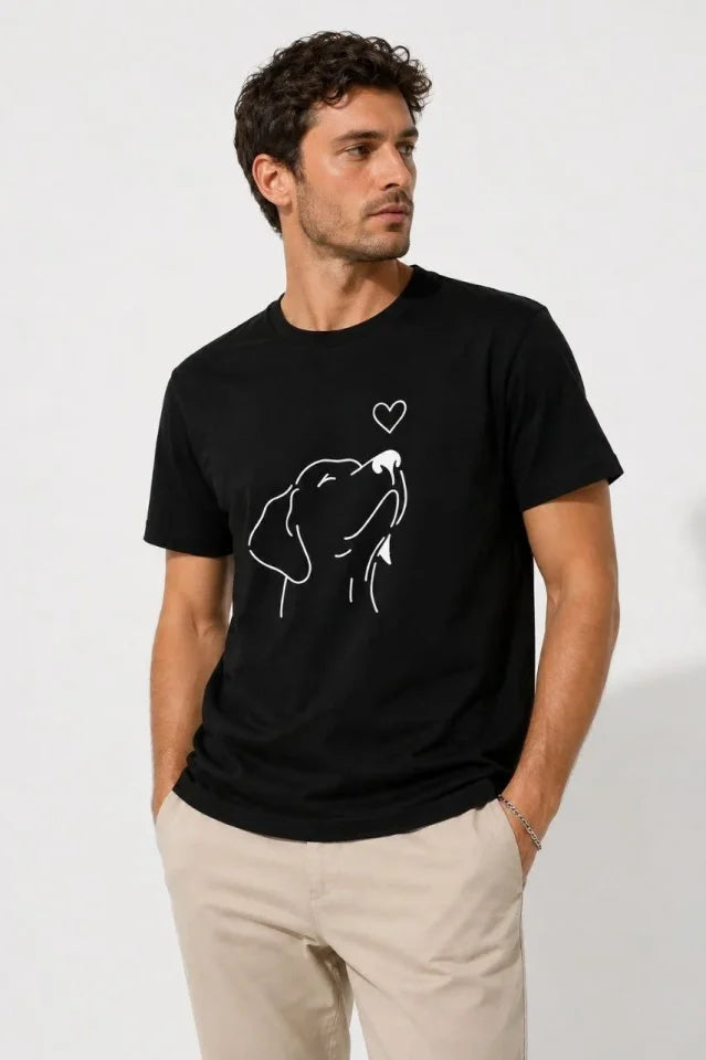 Erkek Köpek Figürlü Minimal Baskılı Tişört Kısa Kol Yazlık T-Shirt - Siyah (188986)