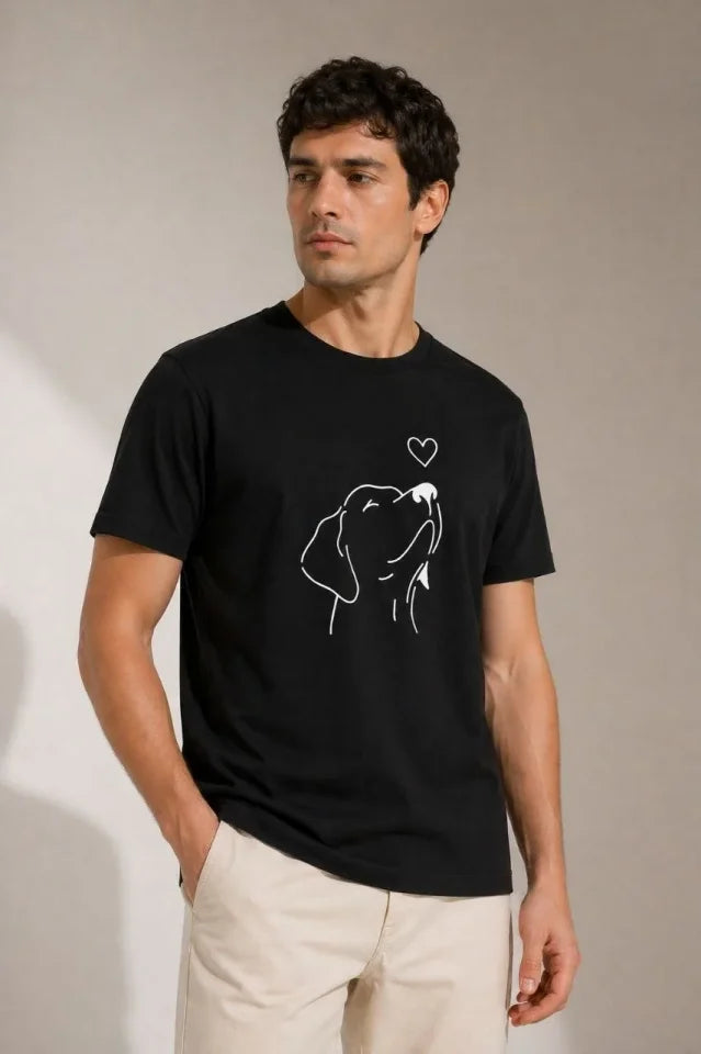 Erkek Köpek Figürlü Minimal Baskılı Tişört Kısa Kol Yazlık T-Shirt - Siyah (188986)