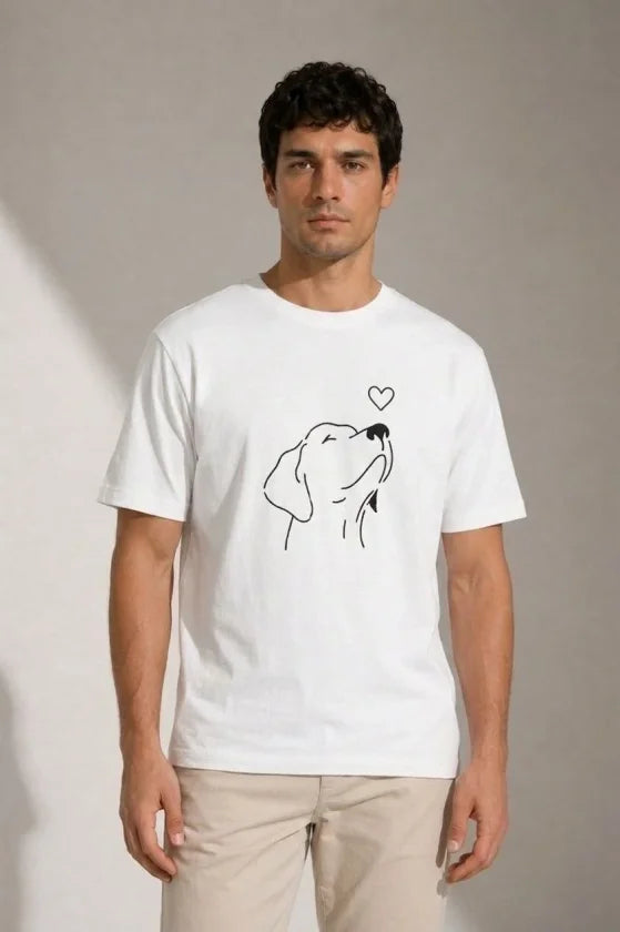 Erkek Köpek Figürlü Minimal Baskılı Tişört Kısa Kol Yazlık T-Shirt - Beyaz (188987)