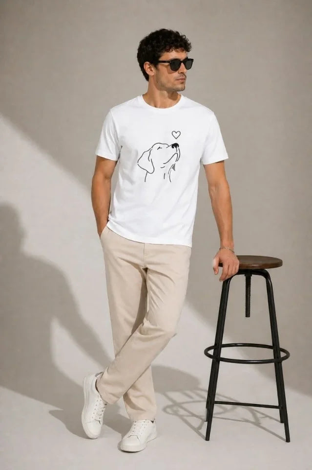 Erkek Köpek Figürlü Minimal Baskılı Tişört Kısa Kol Yazlık T-Shirt - Beyaz (188987)