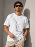 Erkek Minimal Kedi Çizim Baskılı Tişört Kısa Kol Yazlık T-Shirt - Beyaz (188989)