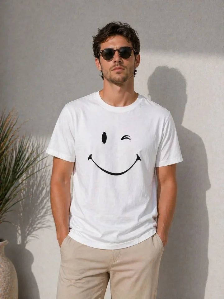 Erkek Minimal Gülümseyen Yüz Baskılı Tişört Kısa Kol Yazlık T-Shirt - Beyaz (188990)