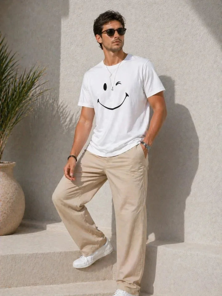 Erkek Minimal Gülümseyen Yüz Baskılı Tişört Kısa Kol Yazlık T-Shirt - Beyaz (188990)