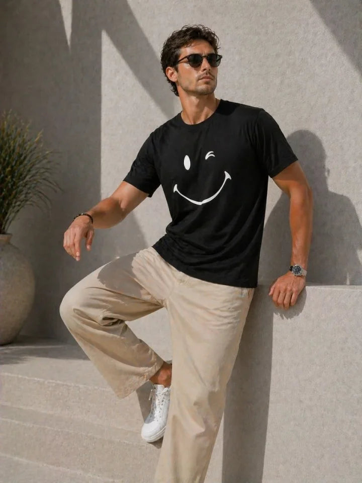 Erkek Minimal Gülümseyen Yüz Baskılı Tişört Kısa Kol Yazlık T-Shirt - Siyah (188991)