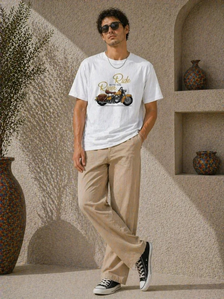 Erkek Motosiklet Baskılı Tişört Bisiklet Yaka Kısa Kol Yazlık T-Shirt - Beyaz (188992)
